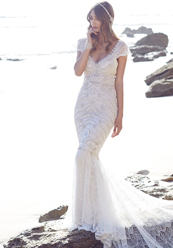 soft silver beading beach wedding dress