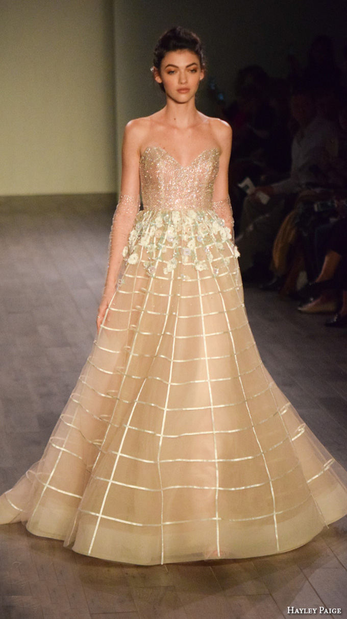 hayley paige fall 2016 bridal week gorgeous a line gown evening dress strapless sweetheart neckline champange color
