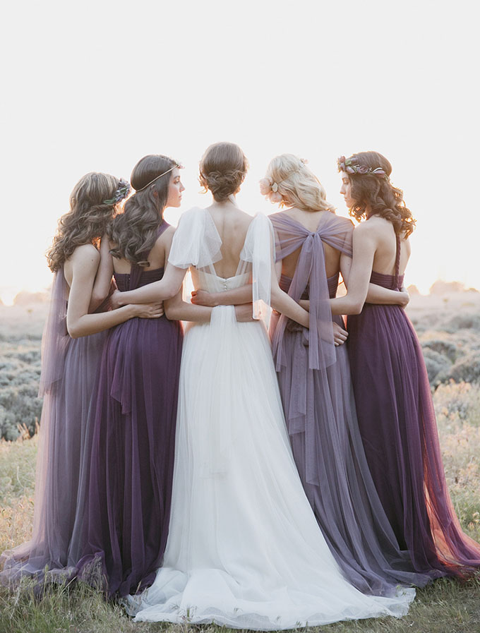 different convertible dresses in purple scheme