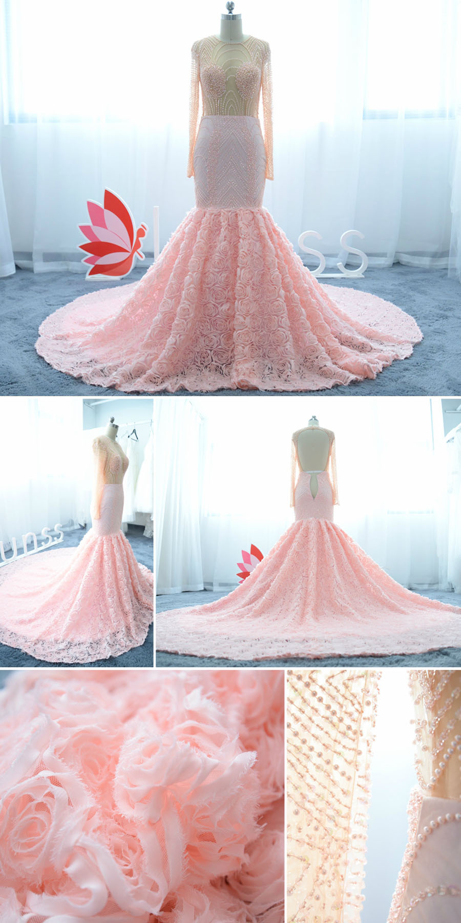 Beads sequins and round sequins embellished rose prom dress Beads sequins and round sequins embellished rose prom dress