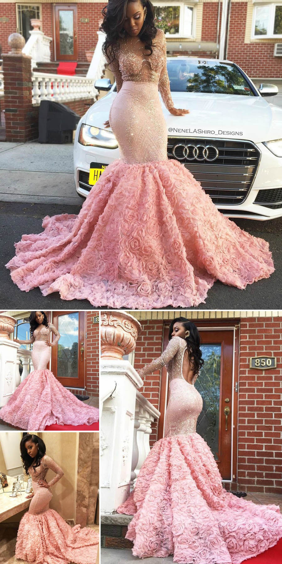 Luxury pink beaded modified mermaid dress with flared court rose train Luxury pink beaded modified mermaid dress with flared court rose train