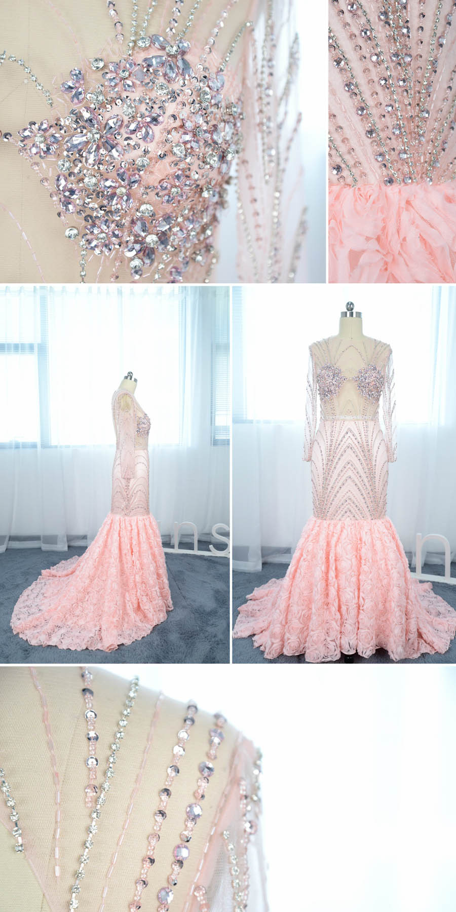 Round neckline beaded pink prom dress Round neckline beaded pink prom dress