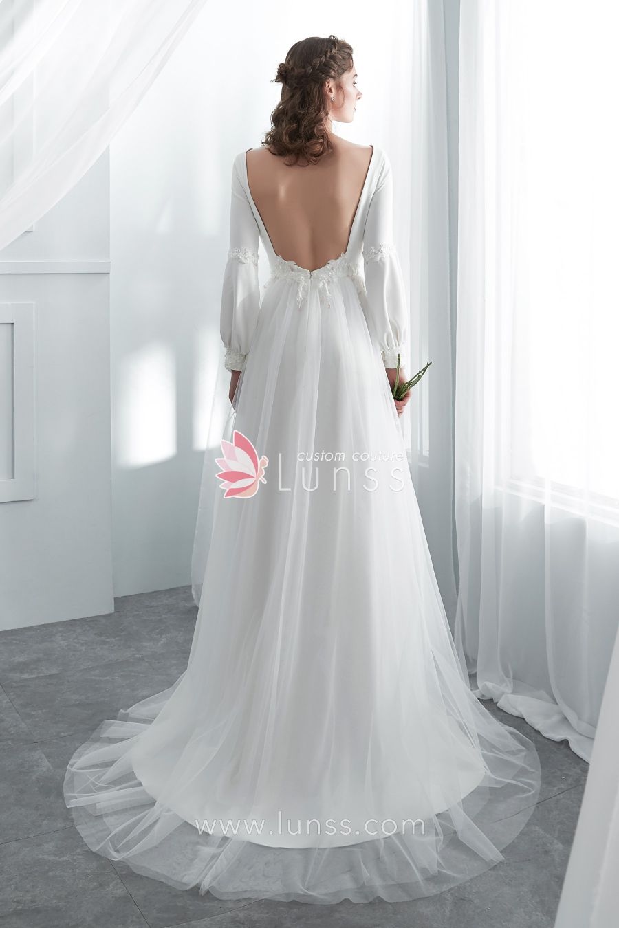 Ivory Long Sleeve Soft Satin Pink Lace Boho A line Wedding Dress with Open Back
