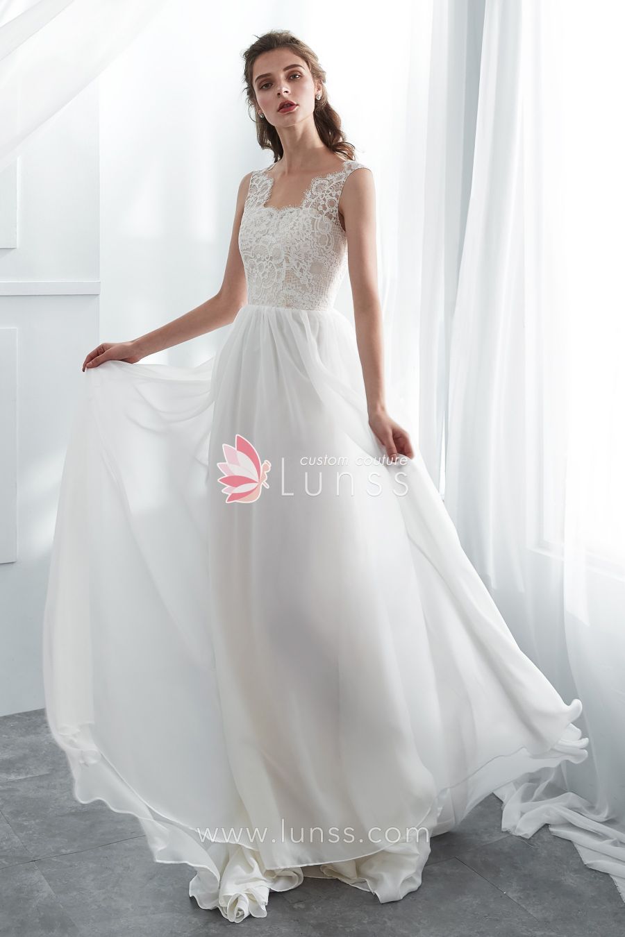 Soft Ivory Scallop Neckline Lace Chiffon Flowing A line Beach Wedding Dress
