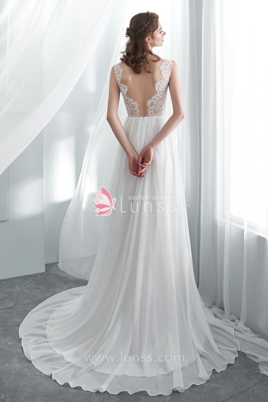 Soft Ivory Scallop Neckline Lace Chiffon Flowing A line Beach Wedding Dress