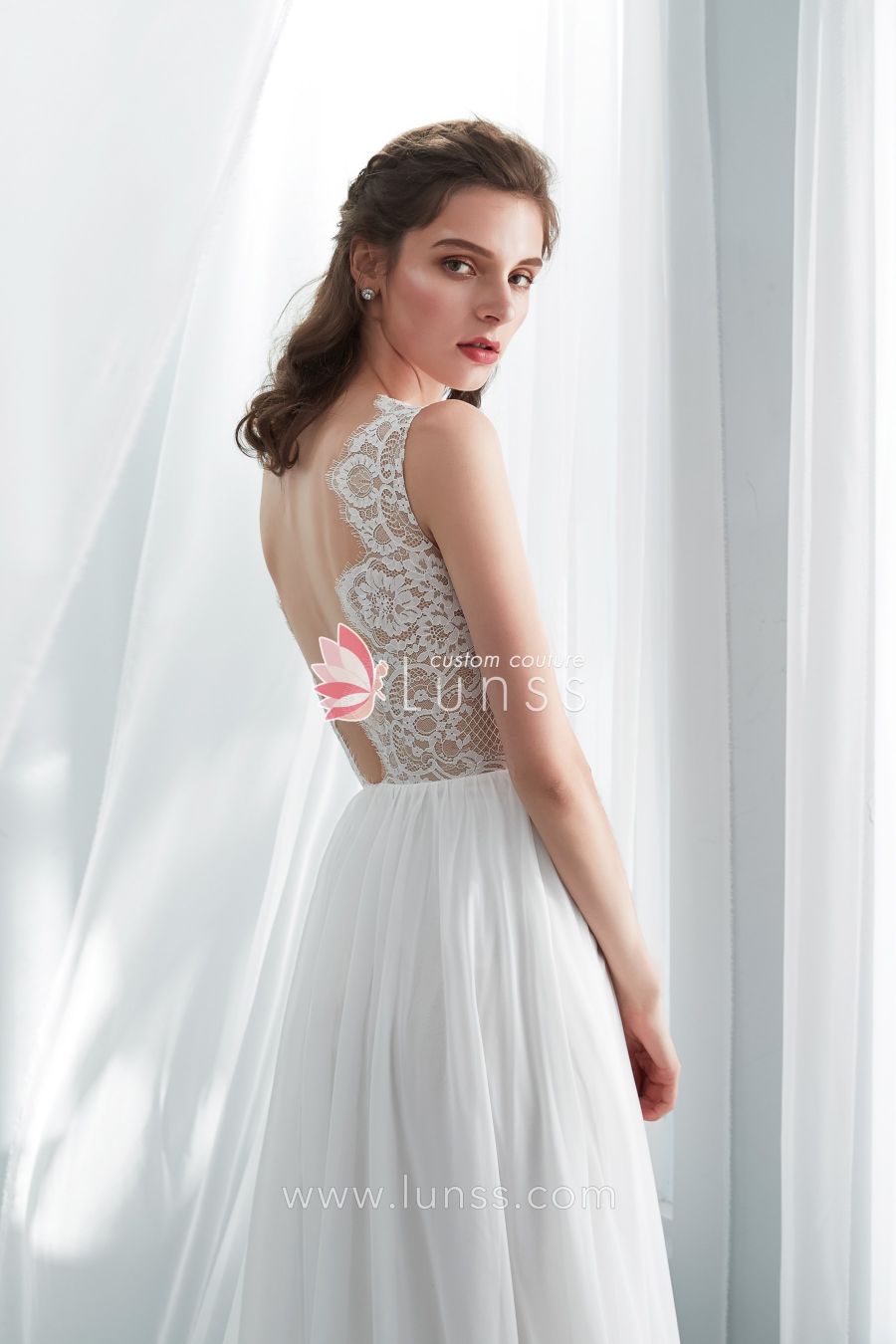Soft Ivory Scallop Neckline Lace Chiffon Flowy A line Beach Wedding Dress