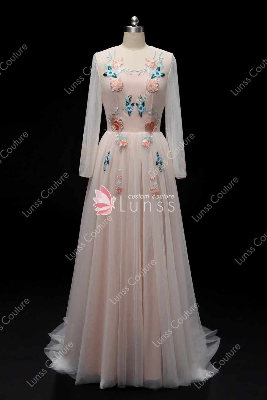 Custom Made Vintage Pink Long Sleeve Illusion Neck Embroidery Tulle Long Wedding Dress with Open Back Front