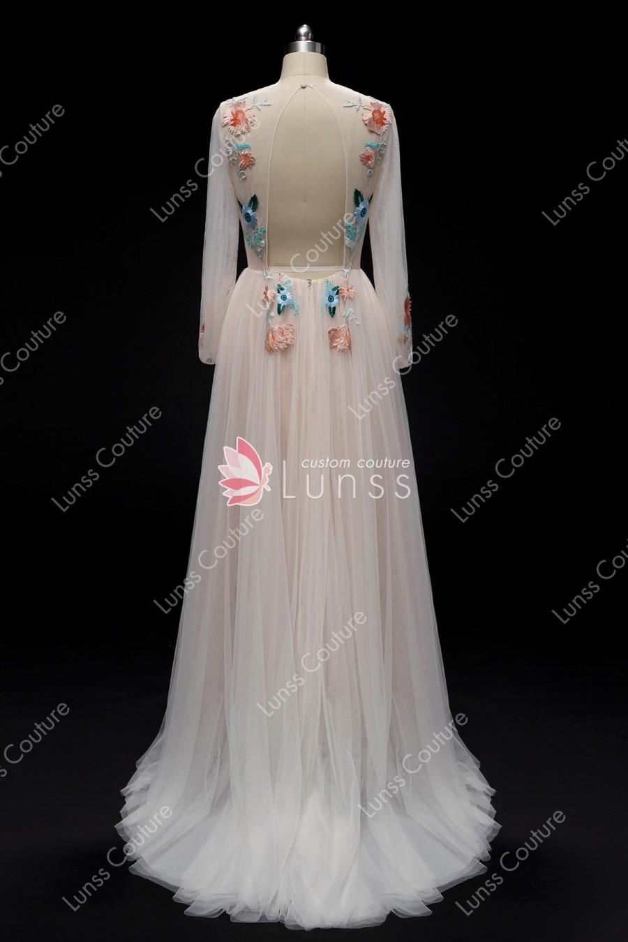 Designer Vintage Pink Long Sleeve Illusion Neck Embroidery Tulle Long Wedding Dress with Open Back Back