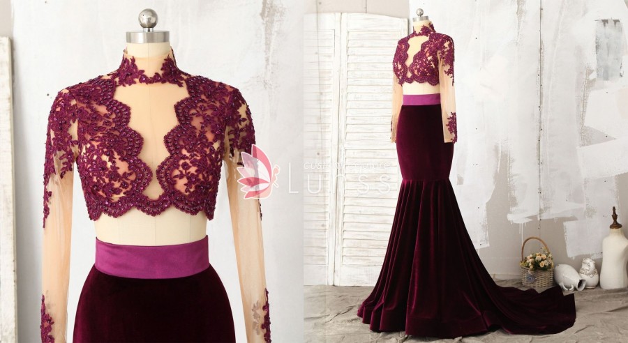 grape two piece mermaid dress with illusion long sleeve lace bodice and fitted skirt