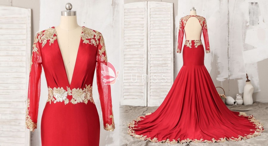 illusion long sleeve plunging neckline long red elastic jersey prom dress with gold floral appliques