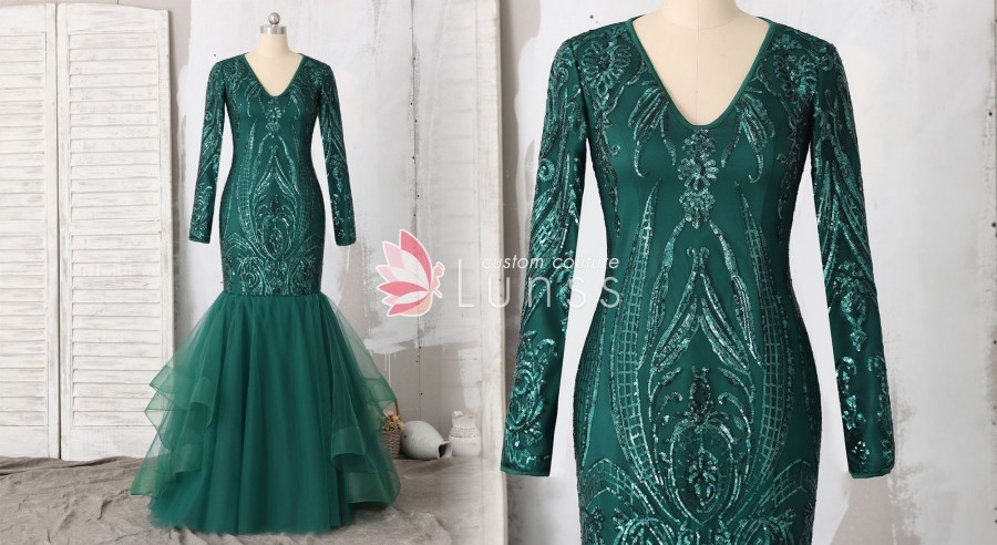 sparkly hunter green long sleeve patterned sequin trumpet prom dress
