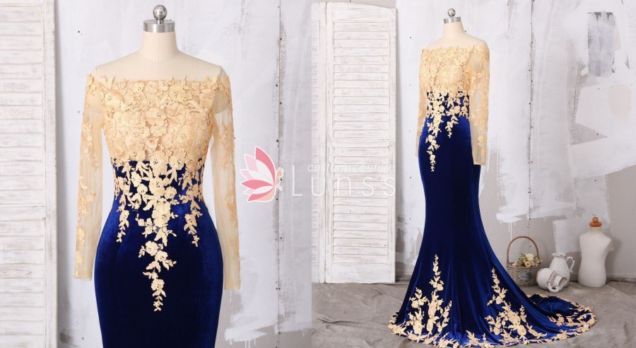 two tone illusion off shoulder long sleeve lace velvet long mermaid prom dress