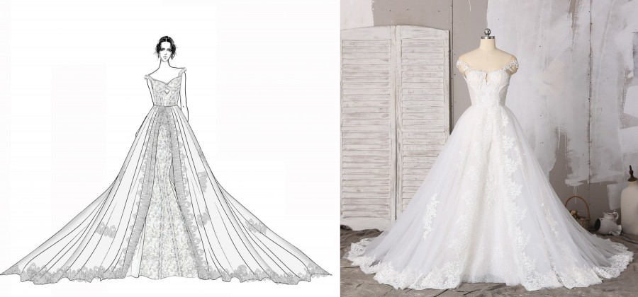 luxury beaded lace mermaid wedding dress with long detachable overskirt