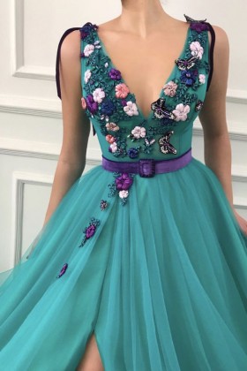 3d flowers adorned v neckline teal slit prom dress