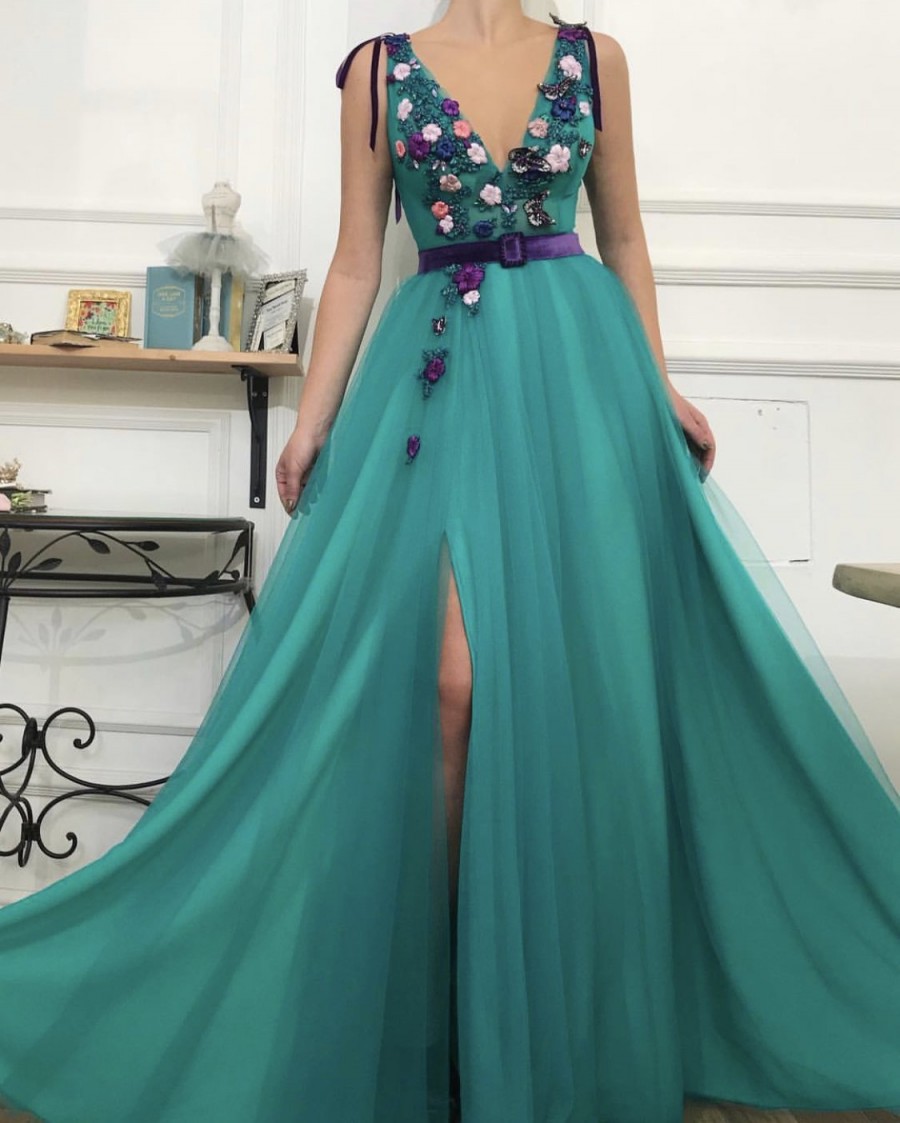 3d flowers v neck teal slit prom dress