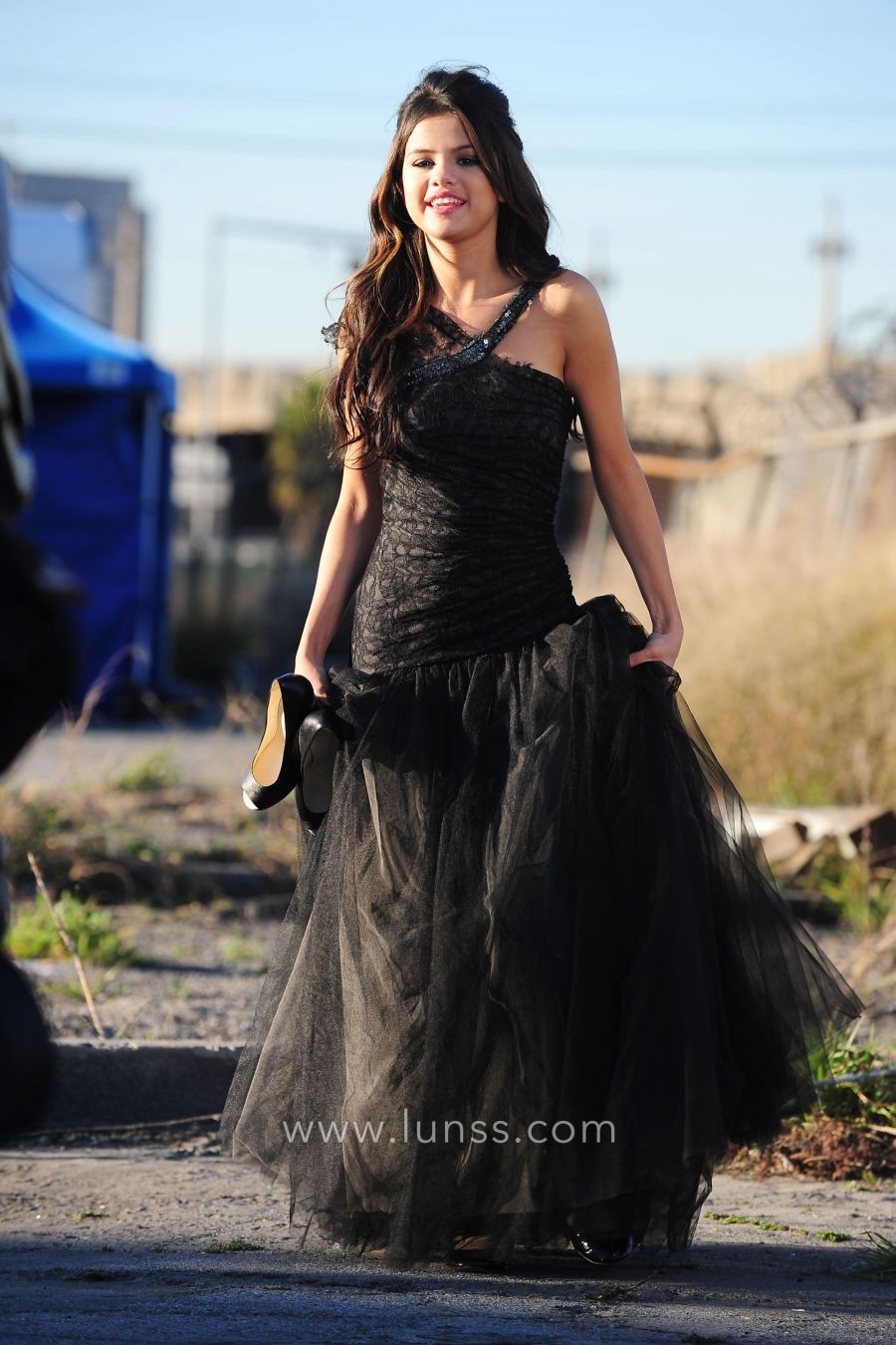 Asymmetrical black lace and tulle one shoulder prom formal dress