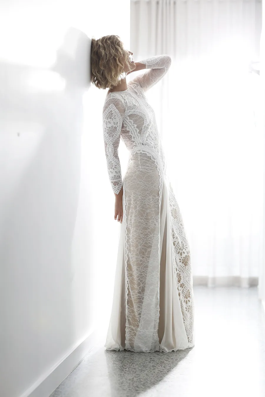 Boat neckline floor length sheath elegant lace rustic bridal dress