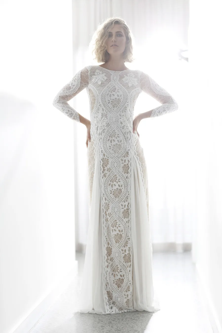 Elegant lace ivory sheer long sleeve boat neckline bridal dress