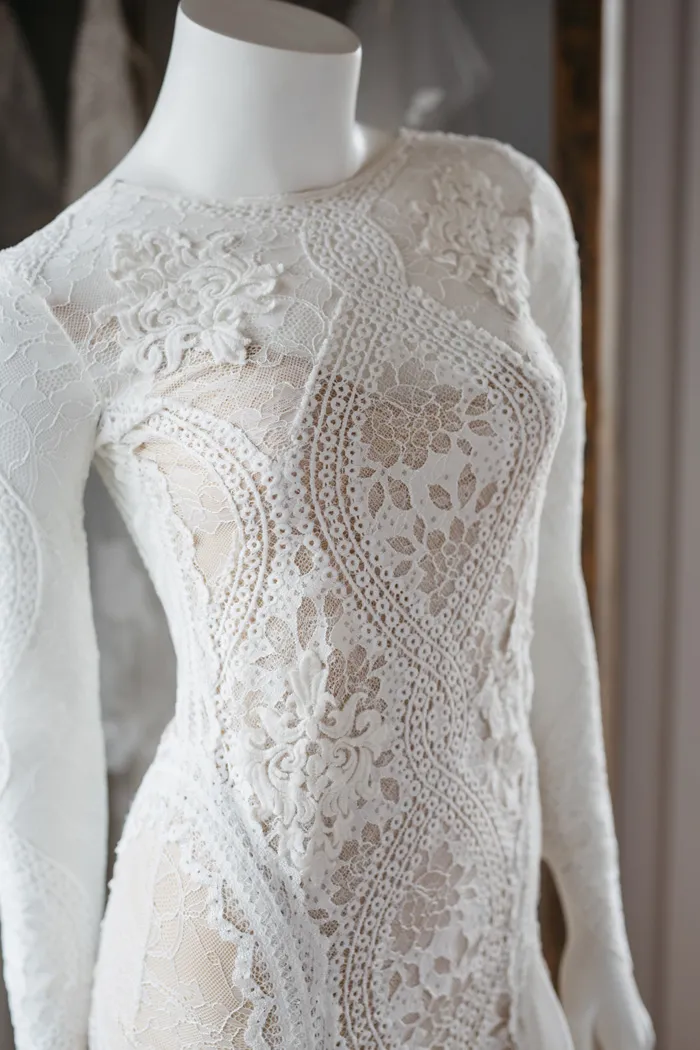 Illusion straight boat neck long sleeve sheer lace bodice Illusion straight boat neck long sleeve sheer lace bodice