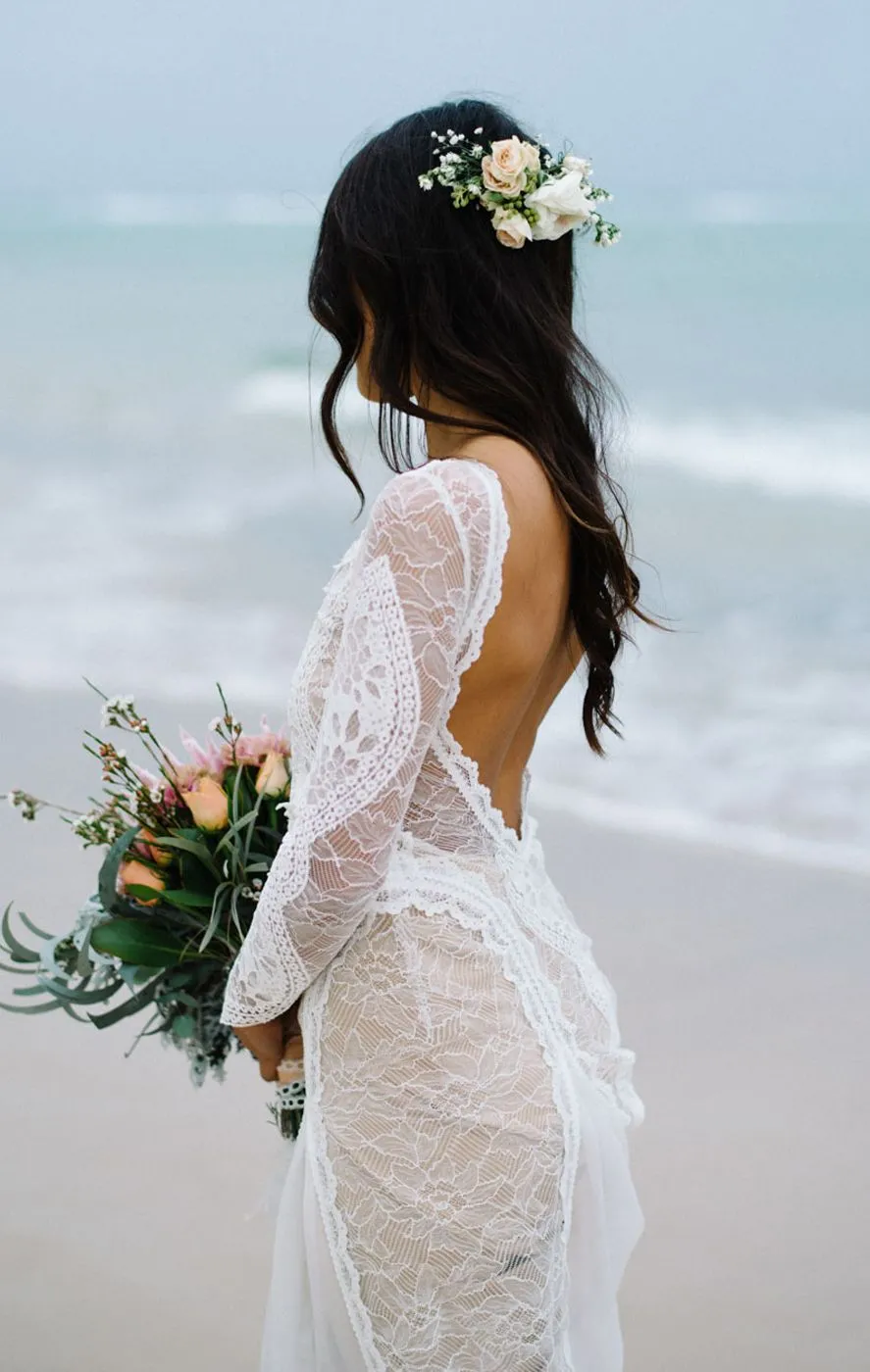 Ivory sheer long sleeve boat neckline elegant lace bridal dress for beach wedding