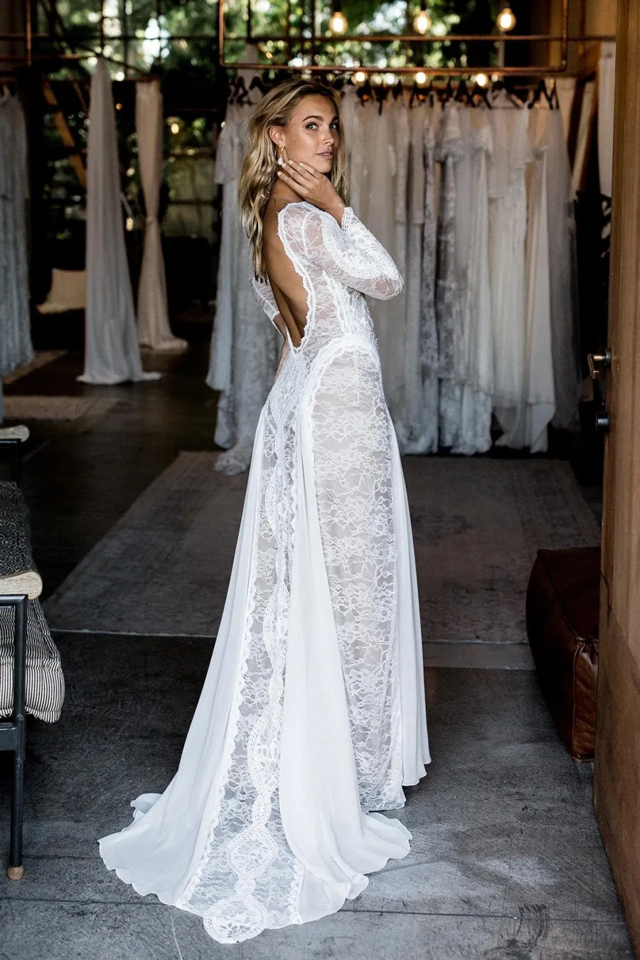 Ivory sheer long sleeve statement low back elegant lace destination bridal dress