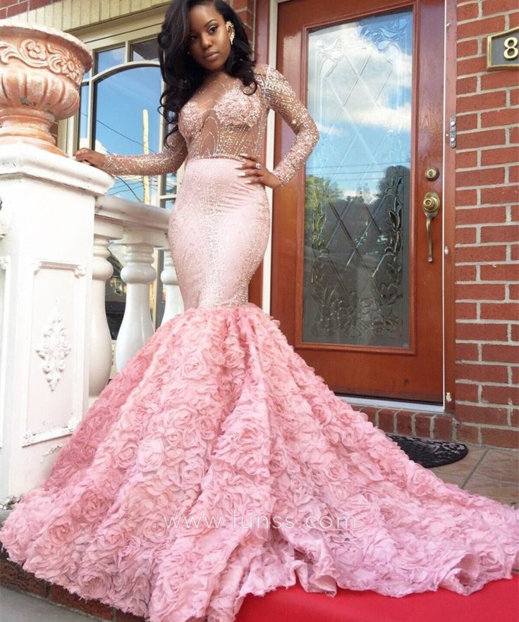 Luxury beaded pink 3D rosette trumpet African American long prom dress