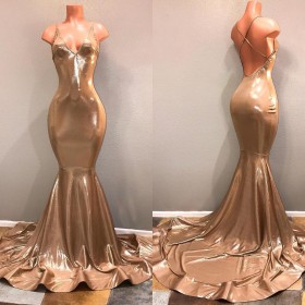 Shiny gold lame fabric sexy low back mermaid prom dress