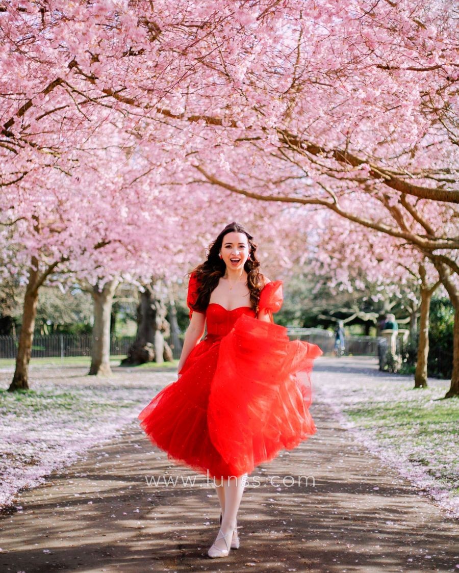 airy princess red tulle knee length short cocktail homecoming dress