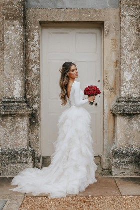alluring jersey ruffled organza long sleeve bridal dress