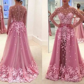 amazing stars sheer long sleeve pink lace formal dress