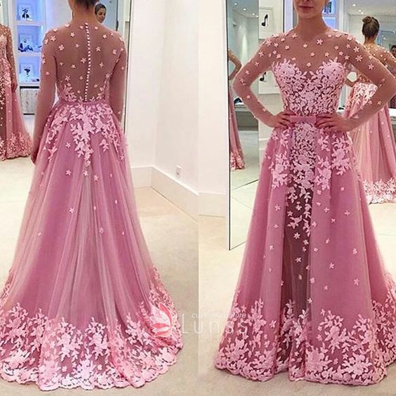 amazing stars sheer long sleeve pink lace formal dress