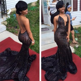 backless long train black sequin mermaid prom dress