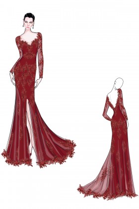 beaded floral lace appliqued red evening dress sketch