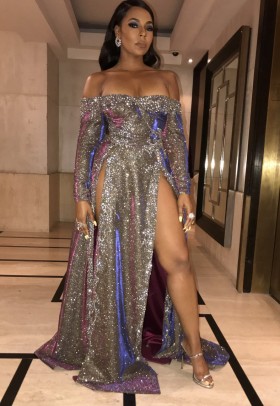 beaded galaxy purple glitter double slit long prom dress