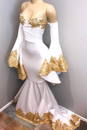 beaded gold lace appliqued bell sleeve unique prom dress