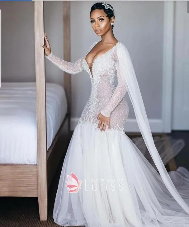 beaded illusion lace tulle wedding gown