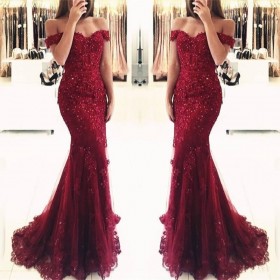 beaded lace dark red off shoulder mermaid formal dress