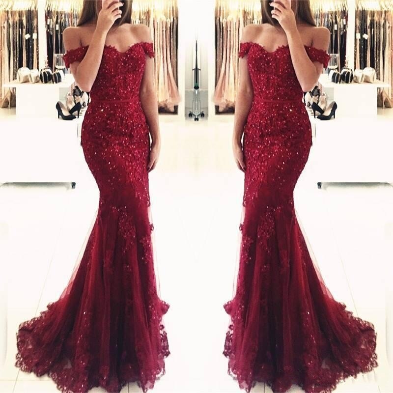beaded lace dark red off shoulder mermaid formal dress