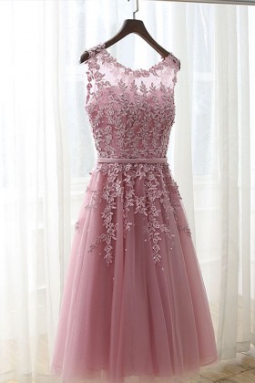 beaded leaf shape lace tulle pink short homecoming dress
