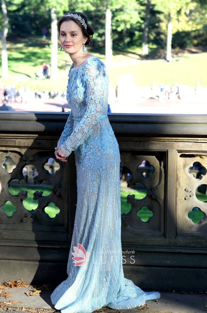 beaded petals ice blue evening dress