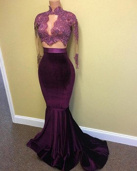 beaded plum lace and velvet long sleeve mermaid prom gown