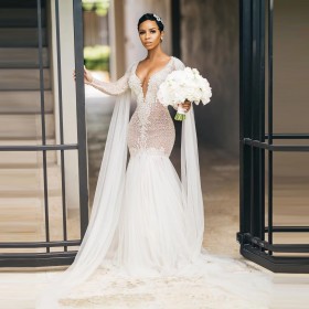 beaded plunging neckline illusion lace tulle wedding gown