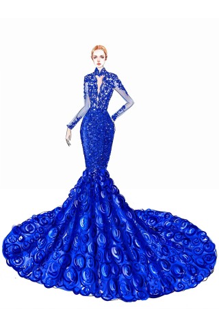 beaded royal blue lace 3d rose prom dress sketch