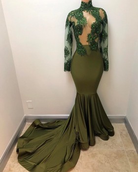 beaded sheer lace long sleeve olive mermaid prom dress