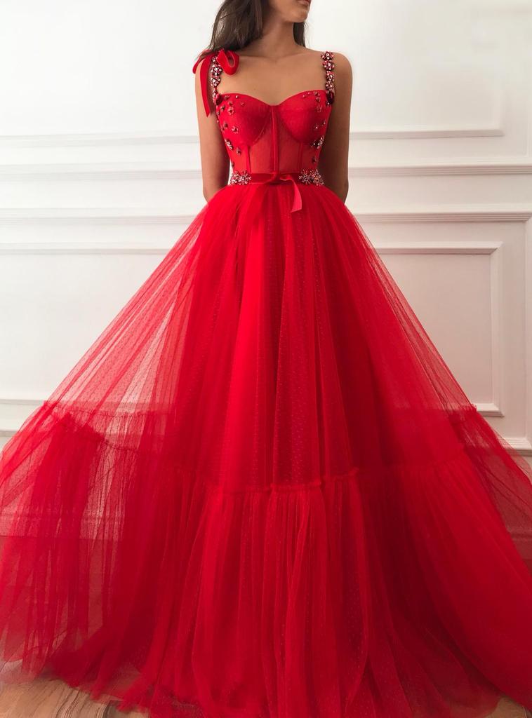 beaded shoulder straps corset red net formal gown