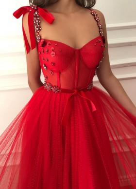 beaded straps corset crimson mesh net formal dress