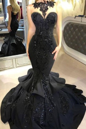 beading lace appliqued black trumpet unique prom dress