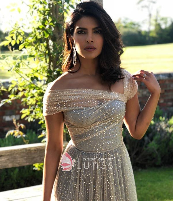 beading tulle asymmetrical shoulder gown