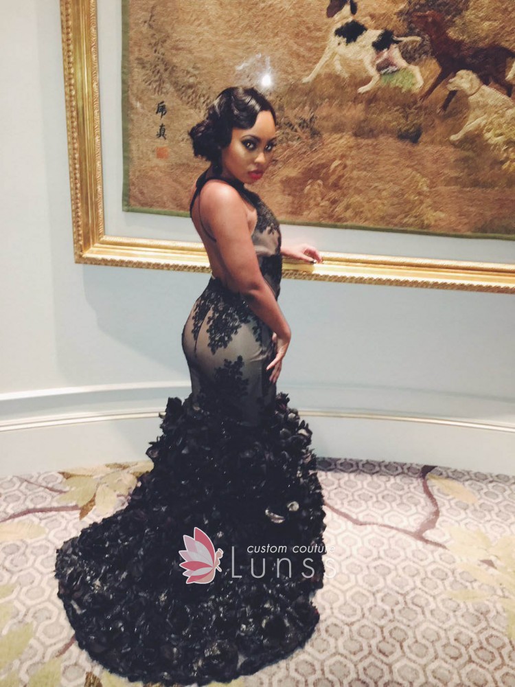 black lace and 3D rosette trumpet African American prom dress