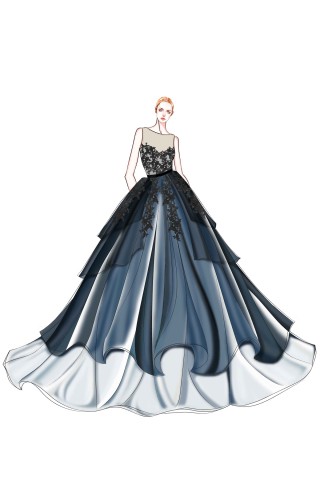 black lace appliqued indigo gray tulle dress sketch